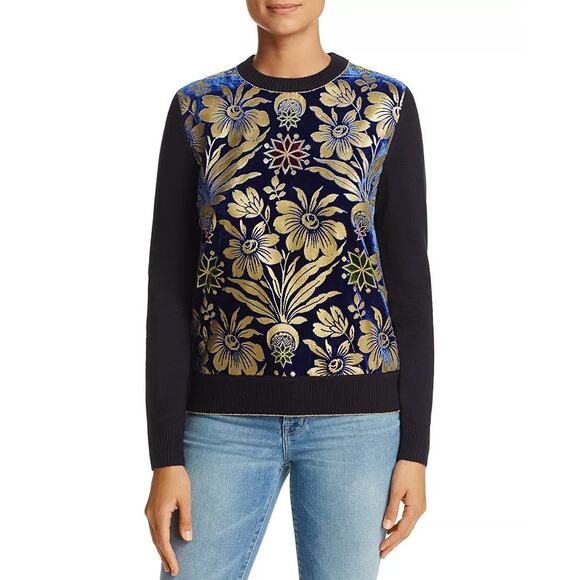 Tory Burch Hollis Floral Foil Print Velvet Front Navy Crewneck Sweater Size XL - Picture 1 of 7